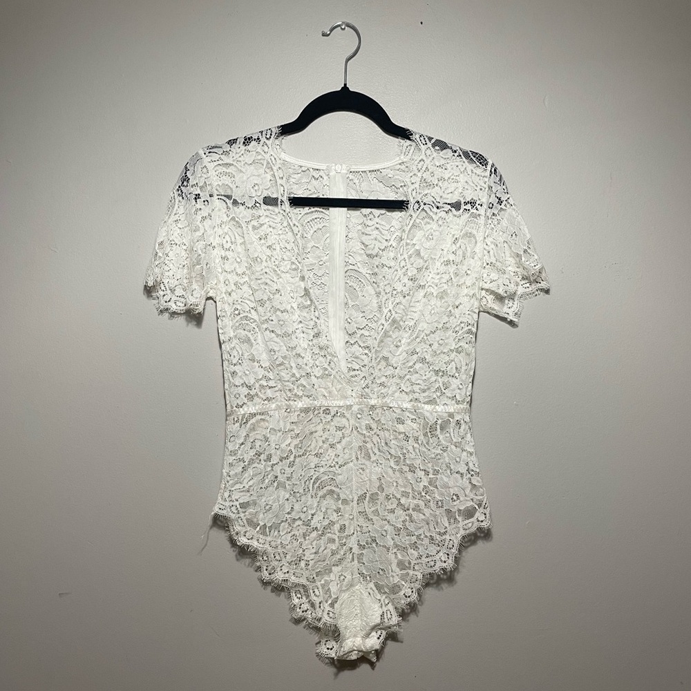 White Floral Lace Deep-V Bodysuit